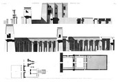 A Vol. II — Thèbes Medynet-Abou — Pl. 4 - 1. Plan et coupe longitudinale du temple et de ses propylées 2.3. Plan et coupe longitudinale du palais 5. Plan du pavillon