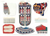 A Vol. II — Thèbes. Hypogées — Pl. 59 - 1.2.3.6.7.8. Peintures dessinées d'après des enveloppes de momies 4.5. Détails d'une frange et d'une toile rayée, trouvées sur des momies