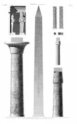 A Vol. III — Thèbes Karnak — Pl. 30 - 1.1'. Détails des piliers caryatides du temple dépendant du palais. 2.3.4.5.6.7.8. Détails des colonnes de la salle hypostyle et de la galerie du grand obélisque et des stèles du palais.