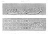 A Vol. III — Thèbes Karnak — Pl. 33 - Barques symboliques faisant partie de la décoration de la salle hypostyle et sujets guerriers sculptés sur les murs extérieurs du palais