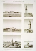 EM Vol. I — Égypte moyenne — Pl. 8 - 1. Vue de Senhour et du lac du Fayoum. 2.3. Tombeau et minaret à Beny-Soueyf. 4. Minaret à Bouch. 5. Vue de Torrah. 6. Vue d'un édifice arabe ruiné, sur la hauteur qui domine le vieux Kaire.