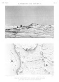 EM Vol. I — Environs de Soueys — Pl. 13 - 1. Plan et nivellement des sources dites de Moyse 2. Vue des sources et des environs