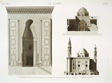 EM Vol. I — Le Kaire — Pl. 34 - 1.2. Élévation et coupe transversale de la mosquée de Soultân Hasan. 3. Détail de la porte d'entrée.