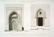 EM Vol. I — Le Kaire et environs — Pl. 53 - 1. Plan et élévation d'une porte intérieure du palais de Negm Ed-Din dans la cour du Meqyas de Roudah. 2.3. Vue perspective et détail d'une porte de la maison de Soultan Dâher Beybars.