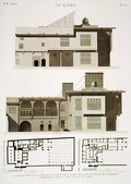 EM Vol. I — Le Kaire — Pl. 54 - 1.2. Plans du rez de chaussée et du premier étage de la maison de Hasan Kâchef ou de l'institut. 3.4. Élévations sur la cour et sur le jardin.