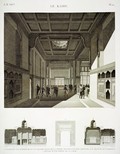 EM Vol. I — Le Kaire — Pl. 55 - 1...3. Coupes et vue intérieure d'une grande salle de la maison de Hasan Kâchef, destinée aux séances de l'institut. 4. Détail d'une porte de la cour.