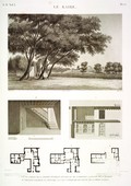 EM Vol. I — Le Kaire — Pl. 57 - 1. Vue du jardin de la maison de Hasan Kâchef ou de l'institut. 2.3.4. Plans de la maison d'Ybrâhym Kykheyd el Sennary. 6.5.5' Vue intérieure et coupe de la même maison.