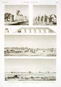 EM Vol. I — Basse Égypte — Pl. 74 - 1.2. Vues de Birket el Hâggy. 3.4. Élévations et coupe du pont de Beysous. 5. Pont de Chybyn. 6. Tourelles contre les arabes.