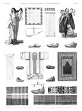 em Vol. II — Vases, meubles et instrumens — Pl. MM - 1.2. Tunique de bain 3. Robe D'almée en soie 4. Borqó 5.6.6' Mouchoirs 7.8. Milâyeh 9.10. Seggadeh 11. Patin de bain 12...19. Sandales 20.21. Charrue