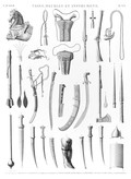 em Vol. II — Vases, meubles et instrumens — Pl. NN - Armes de Mamlouk 1...5. Tromblon, pistolets 6...10. Sabres et coulelas 11...18. Masses d'arme, hache, pique 19...26. Poignards 27.28. Casque et bouclier 29...33. Harnachement